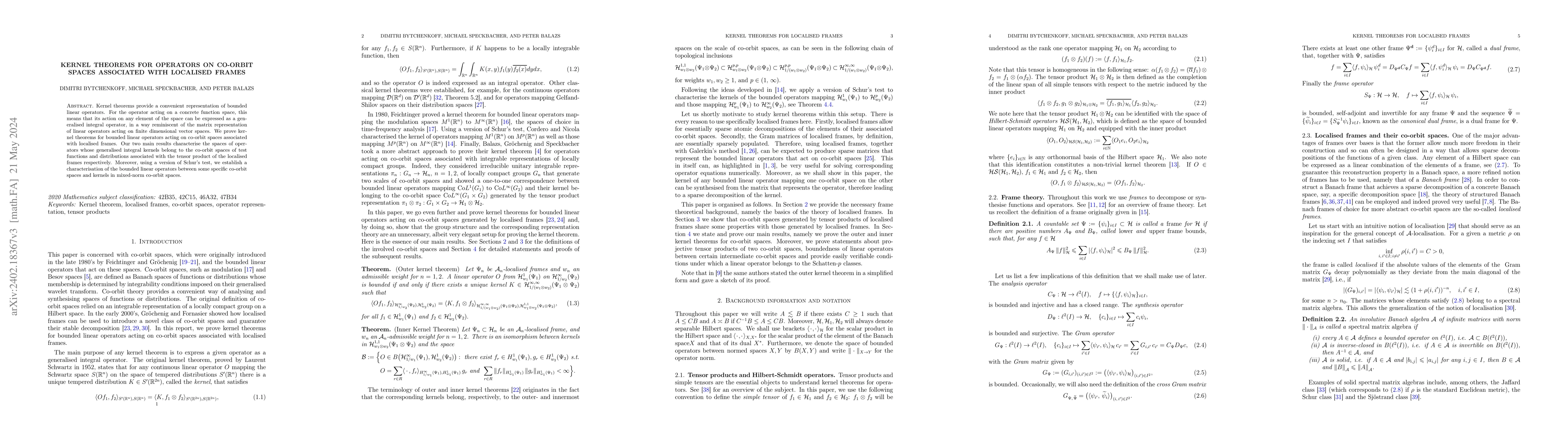 Thumbnail for Kernel theorems for operators on co-orbit spaces associated with
  localised frames