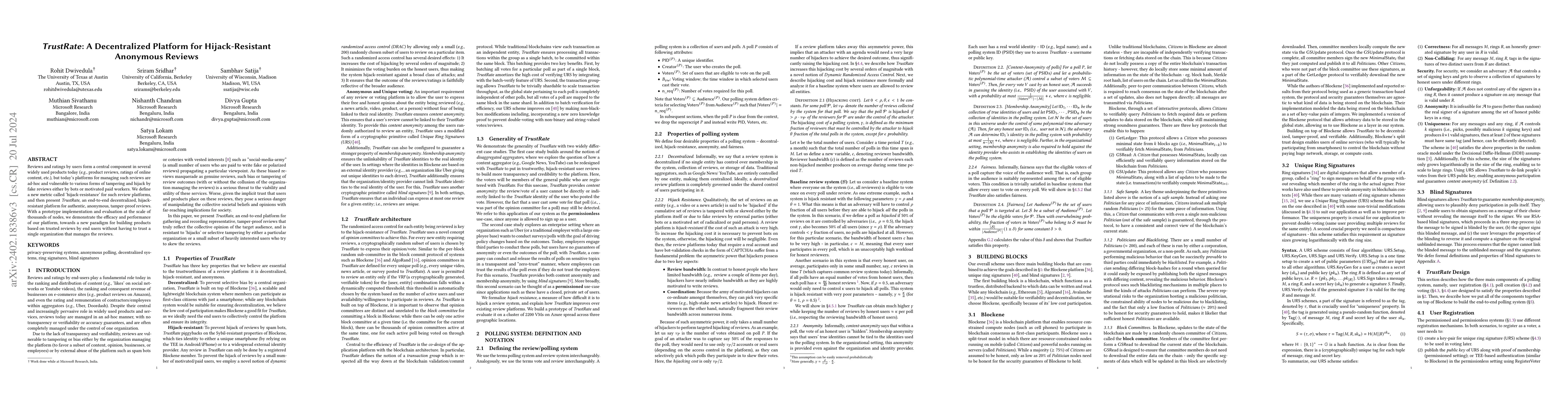 Thumbnail for TrustRate: A Decentralized Platform for Hijack-Resistant Anonymous
  Reviews