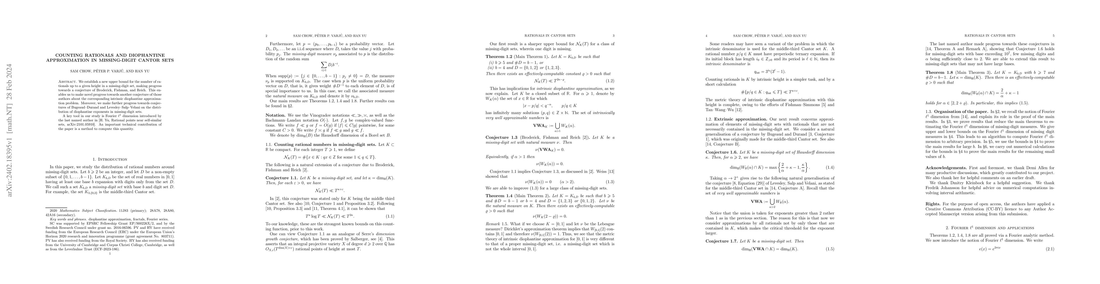 Thumbnail for Counting rationals and diophantine approximation in missing-digit Cantor
  sets