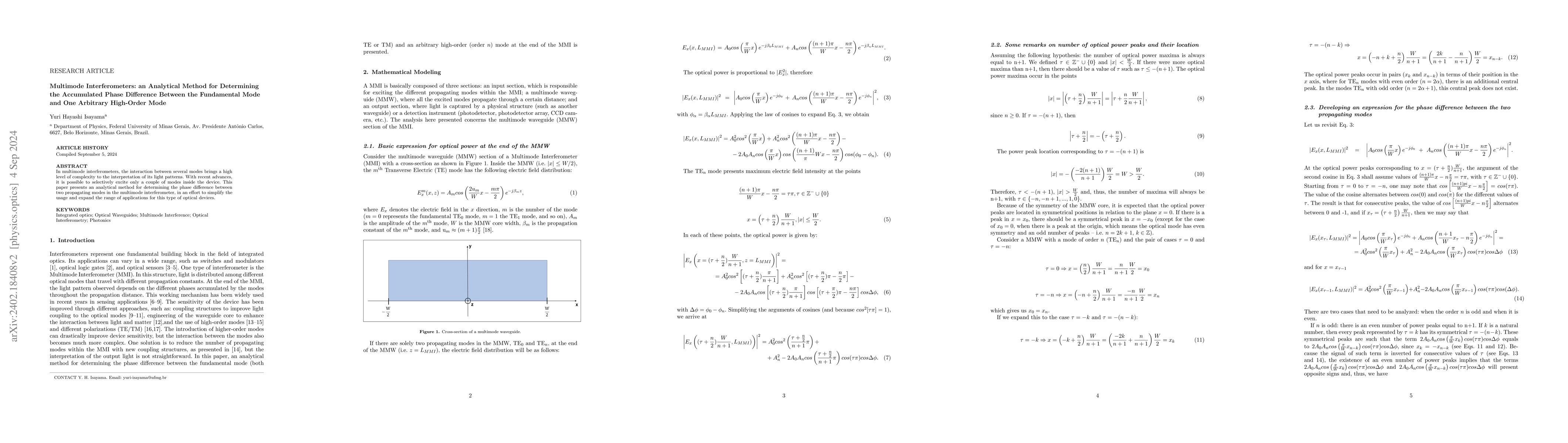 Thumbnail for Multimode Interferometers: an Analytical Method for Determining the
  Accumulated Phase Difference Between the Fundamental Mode and One Arbitrary
  High-Order Mode