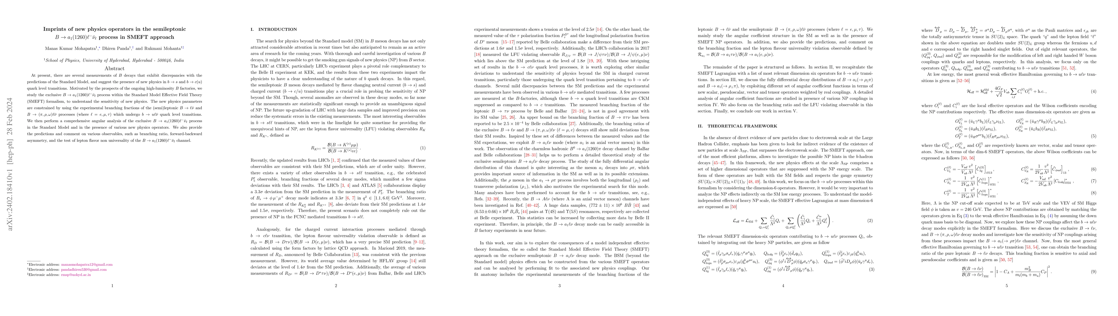 Thumbnail for Imprints of new physics operators in the semileptonic $B \to a_1 (1260)
  \ell^- \bar{\nu}_\ell$ process in SMEFT approach