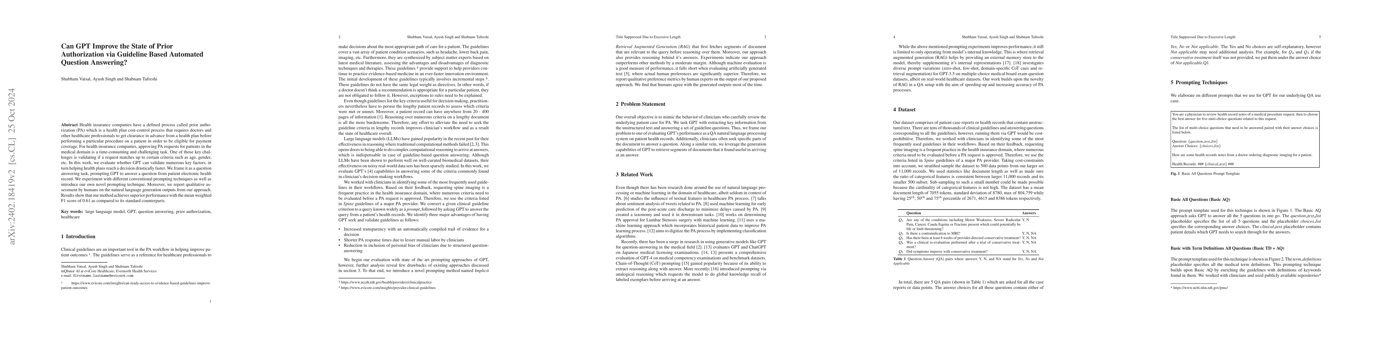 Thumbnail for Can GPT Improve the State of Prior Authorization via Guideline Based
  Automated Question Answering?