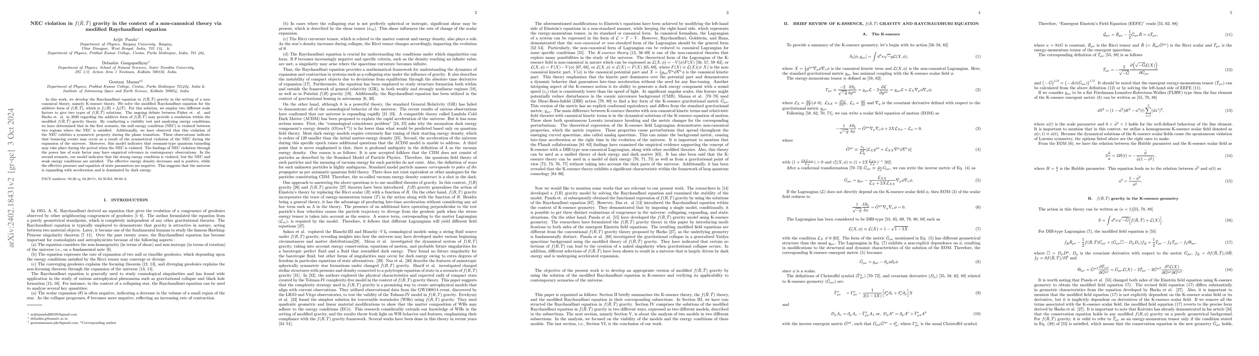 Thumbnail for NEC violation in $f(\bar{R},\bar{T})$ gravity in the context of a
  non-canonical theory via modified Raychaudhuri equation