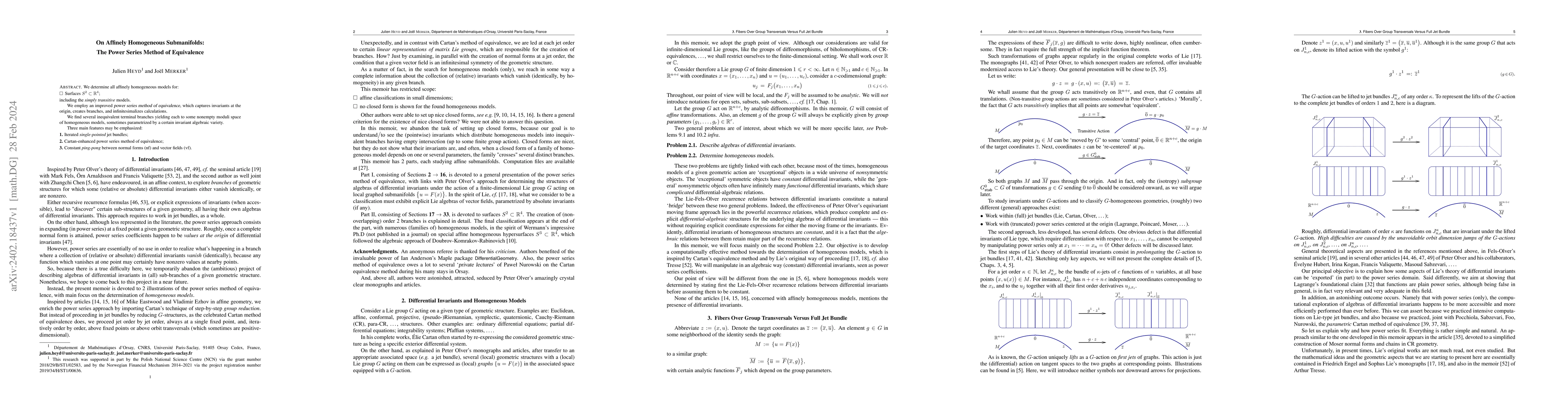 Thumbnail for On Affinely Homogeneous Submanifolds: The Power Series Method of
  Equivalence