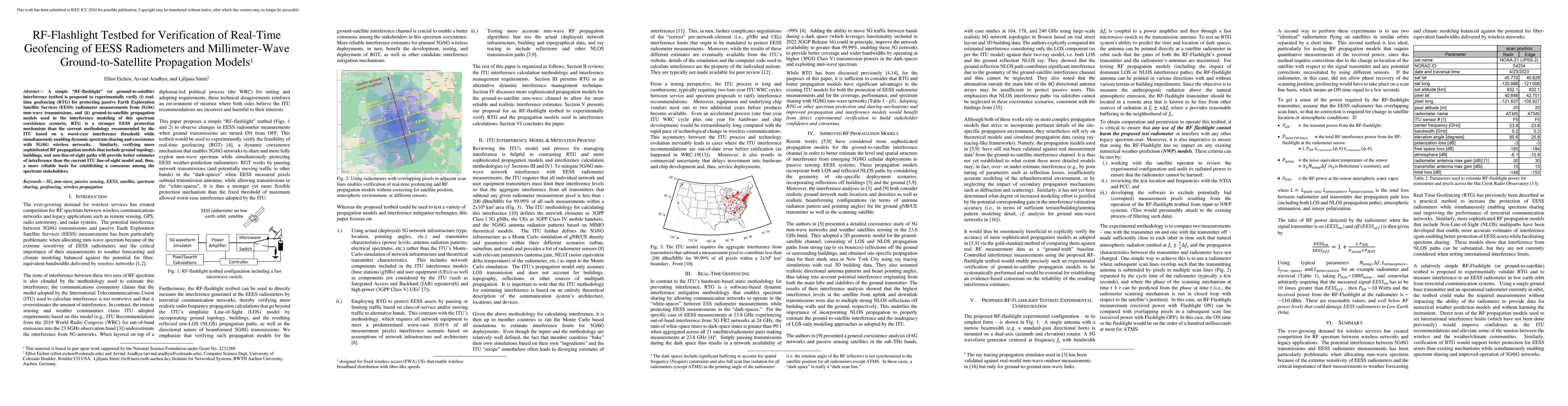 Thumbnail for RF-Flashlight Testbed for Verification of Real-Time Geofencing of EESS
  Radiometers and Millimeter-Wave Ground-to-Satellite Propagation Models