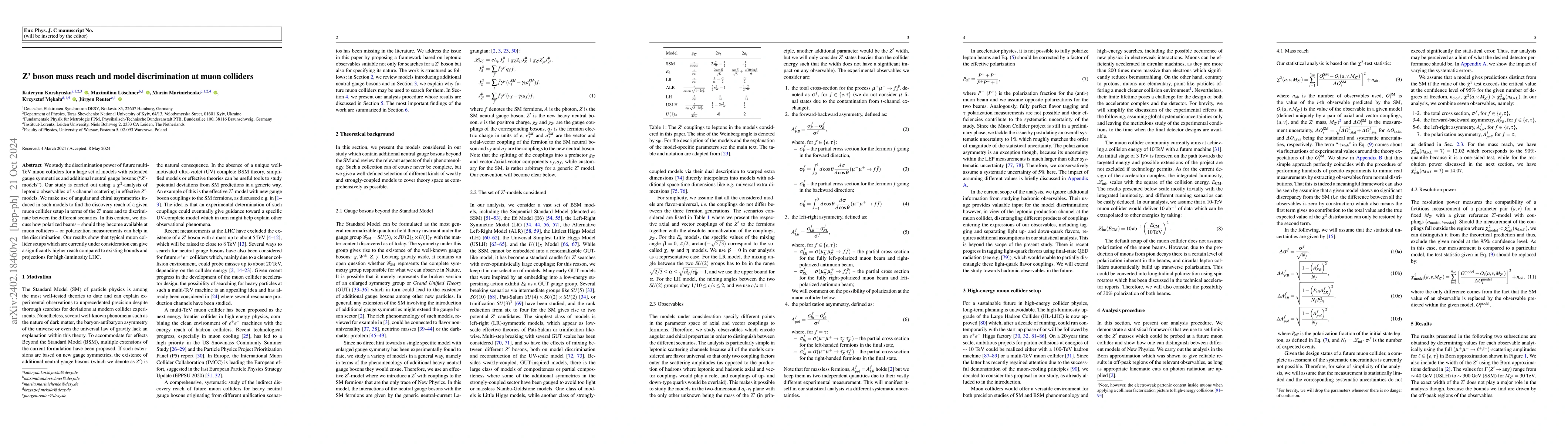 Thumbnail for Z' boson mass reach and model discrimination at muon colliders