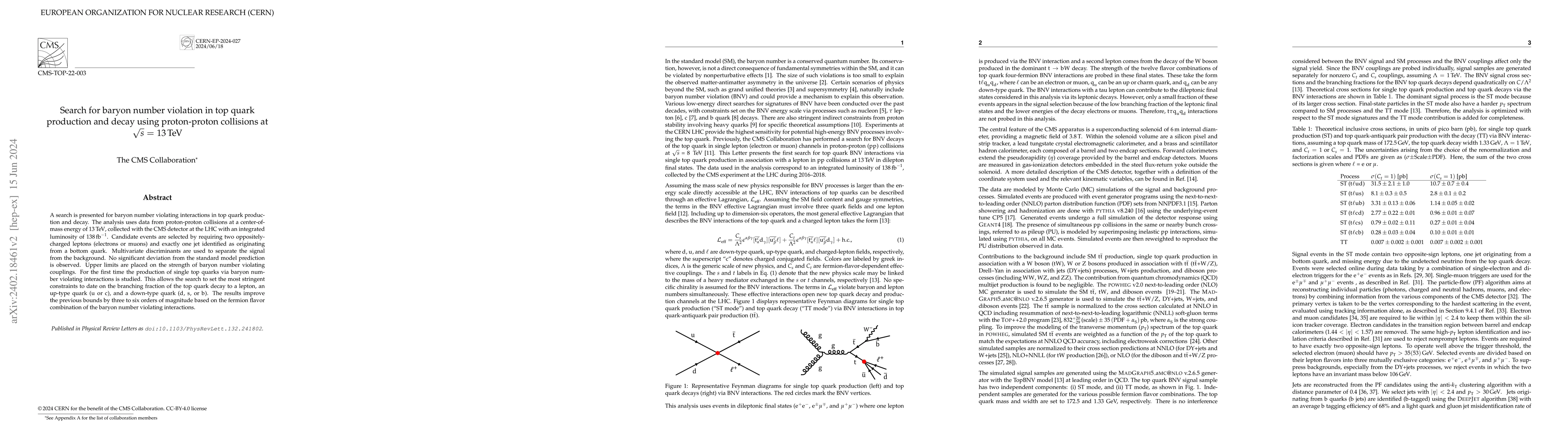 Thumbnail for Search for baryon number violation in top quark production and decay
  using proton-proton collisions at $\sqrt{s}$ = 13 TeV