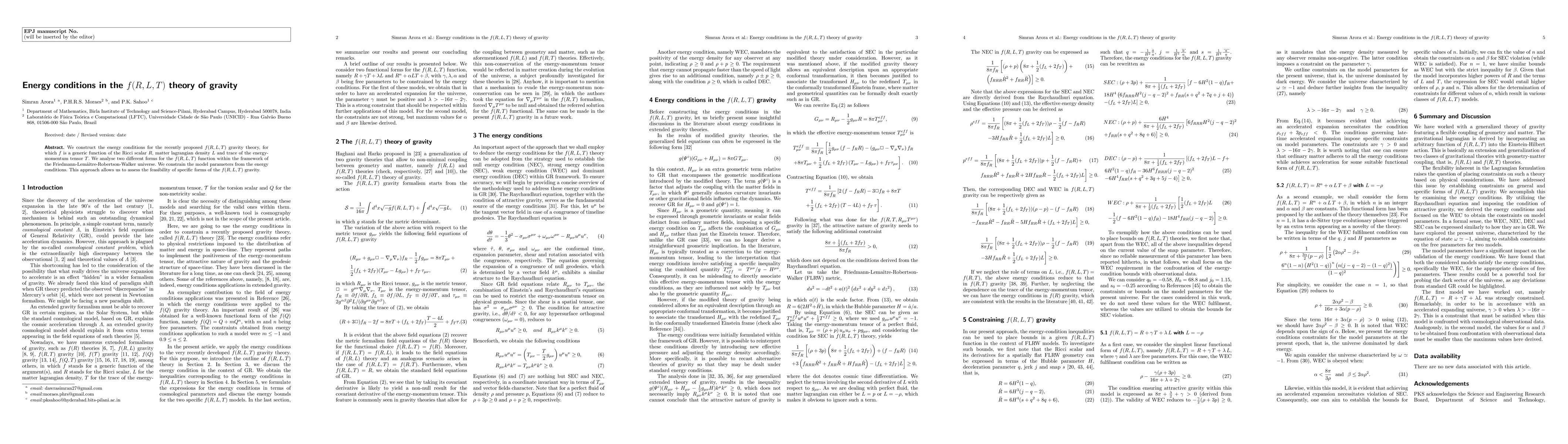 Thumbnail for Energy conditions in the $f(R,L,T)$ theory of gravity