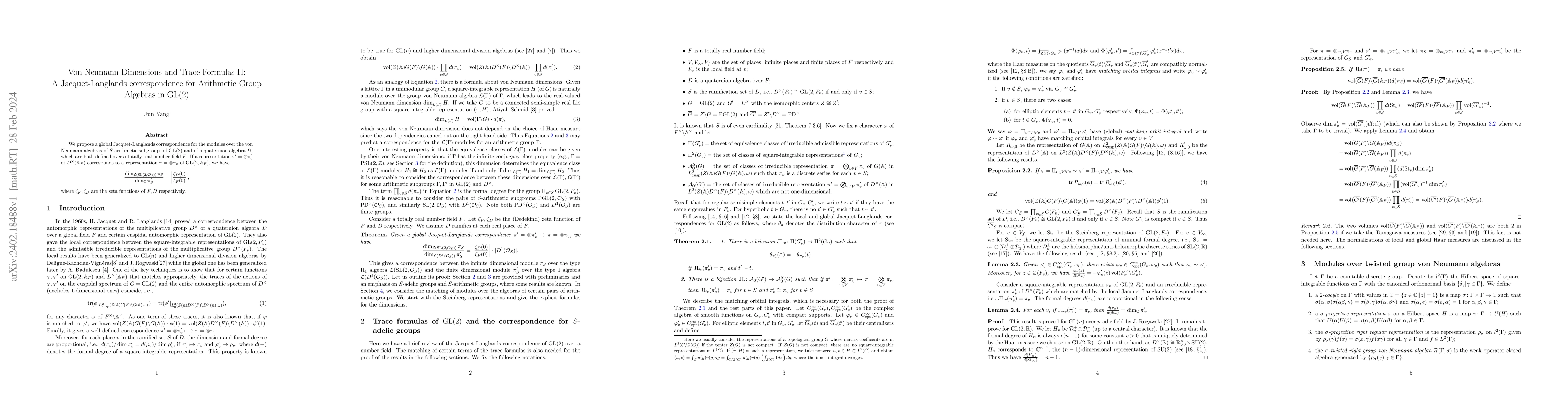 Thumbnail for Von Neumann Dimensions and Trace Formulas II: A Jacquet-Langlands
  correspondence for Arithmetic Group Algebras in $\rm{GL}(2)$