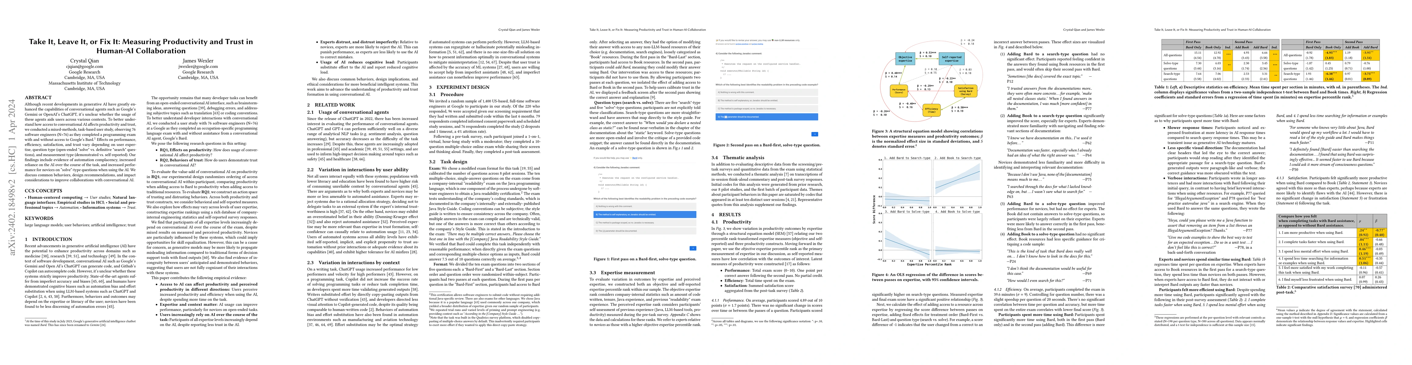 Thumbnail for Take It, Leave It, or Fix It: Measuring Productivity and Trust in
  Human-AI Collaboration