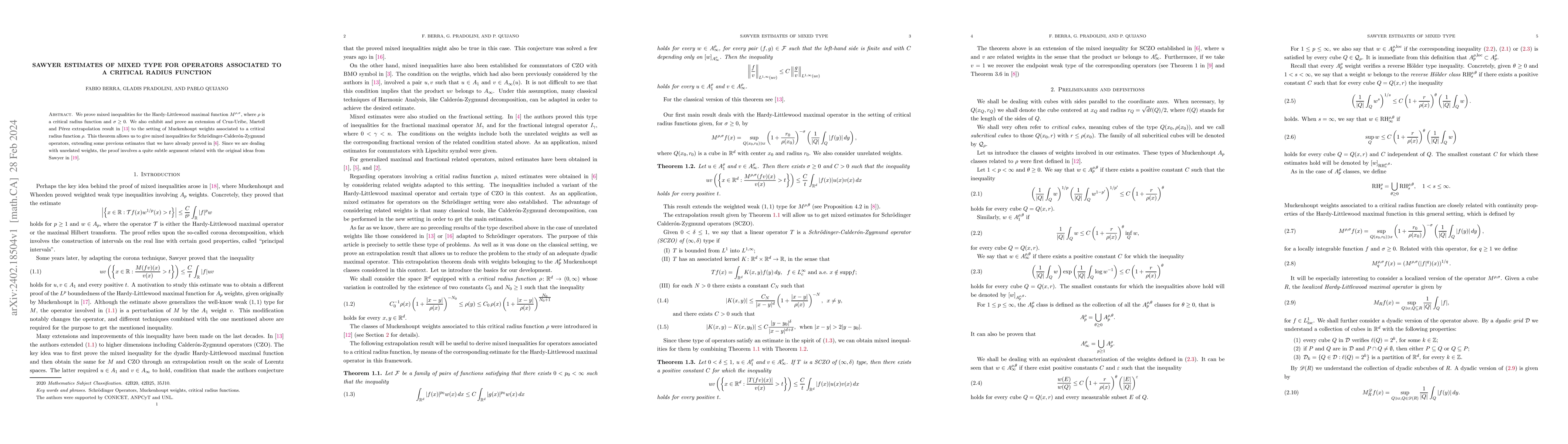 Thumbnail for Sawyer estimates of mixed type for operators associated to a critical
  radius function
