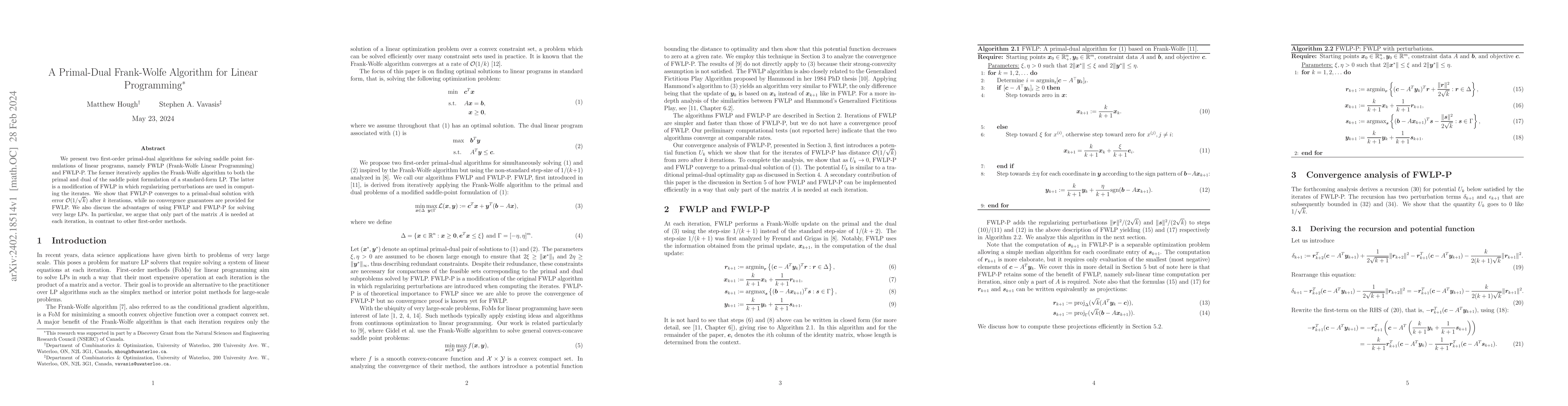 Thumbnail for A Primal-Dual Frank-Wolfe Algorithm for Linear Programming
