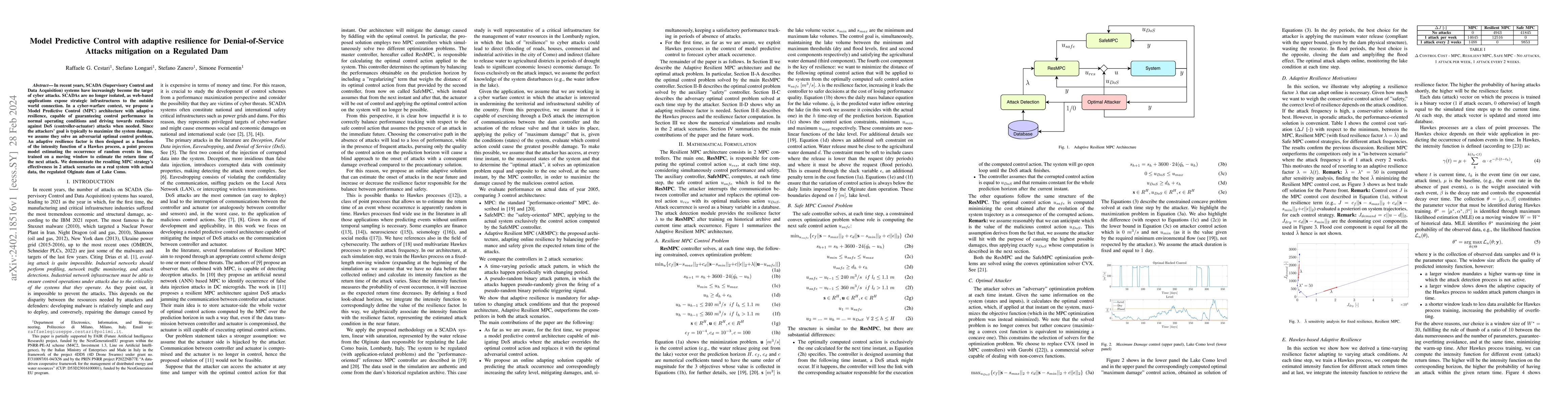 Thumbnail for Model Predictive Control with adaptive resilience for Denial-of-Service
  Attacks mitigation on a Regulated Dam