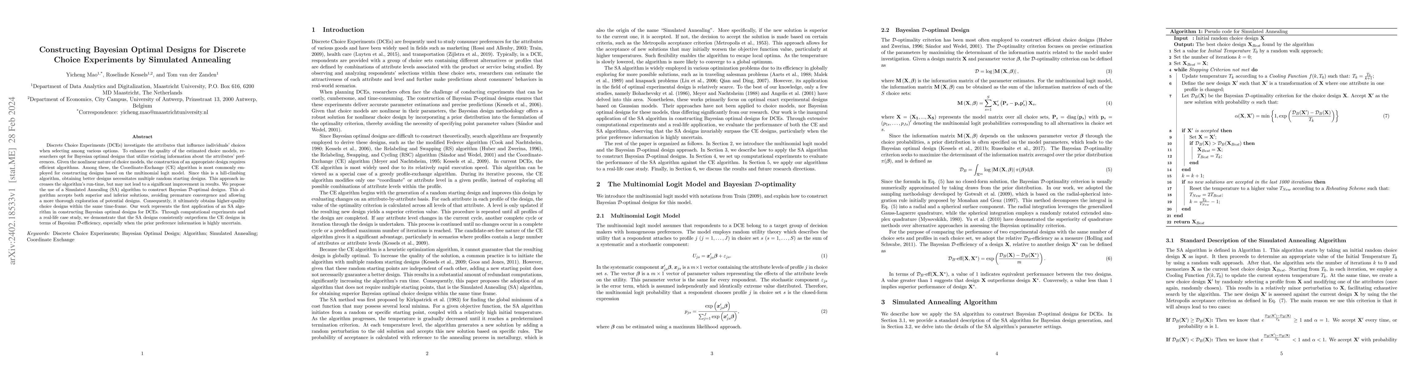 Thumbnail for Constructing Bayesian Optimal Designs for Discrete Choice Experiments by
  Simulated Annealing