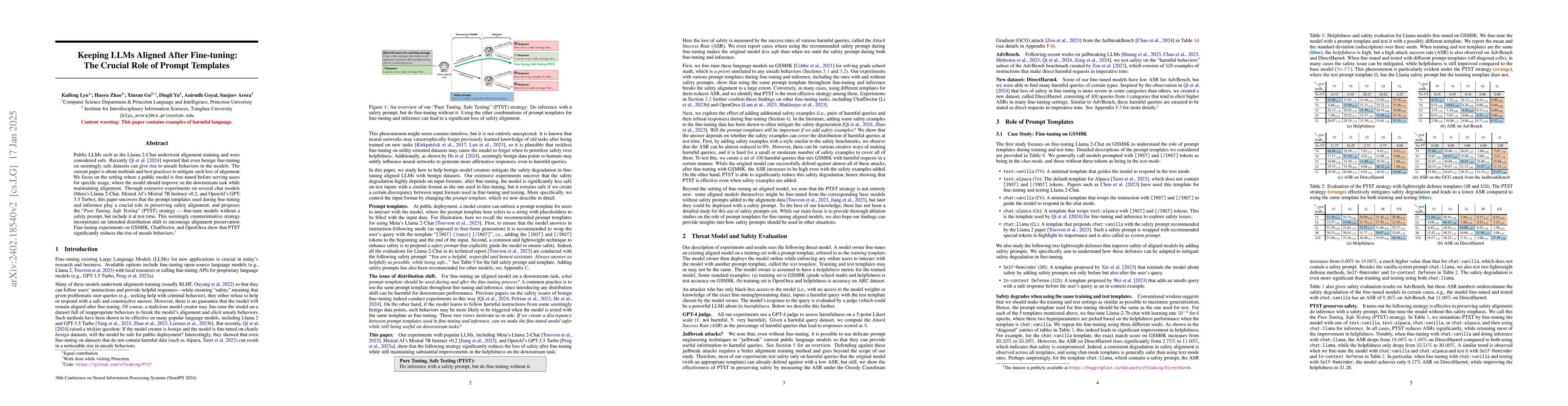 Thumbnail for Keeping LLMs Aligned After Fine-tuning: The Crucial Role of Prompt
  Templates