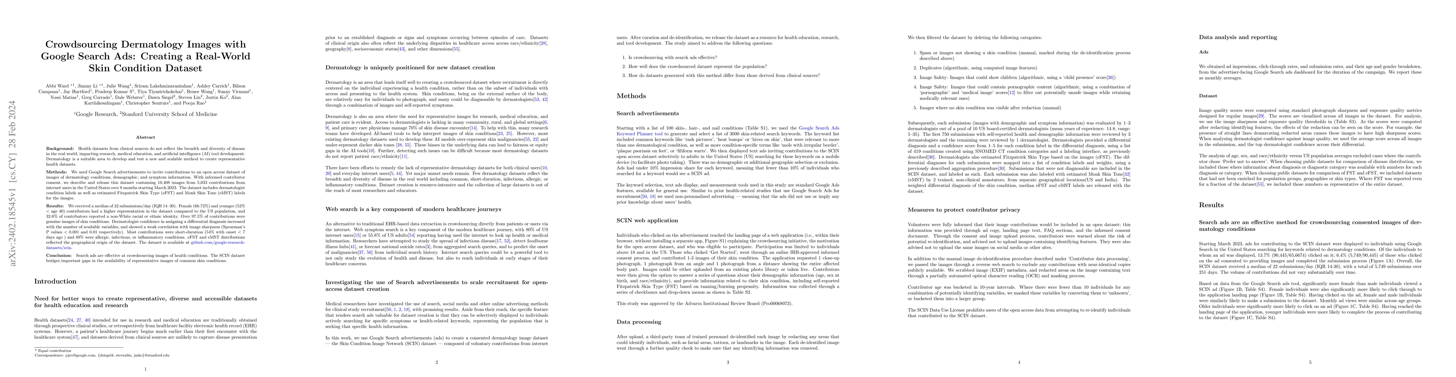Thumbnail for Crowdsourcing Dermatology Images with Google Search Ads: Creating a
  Real-World Skin Condition Dataset