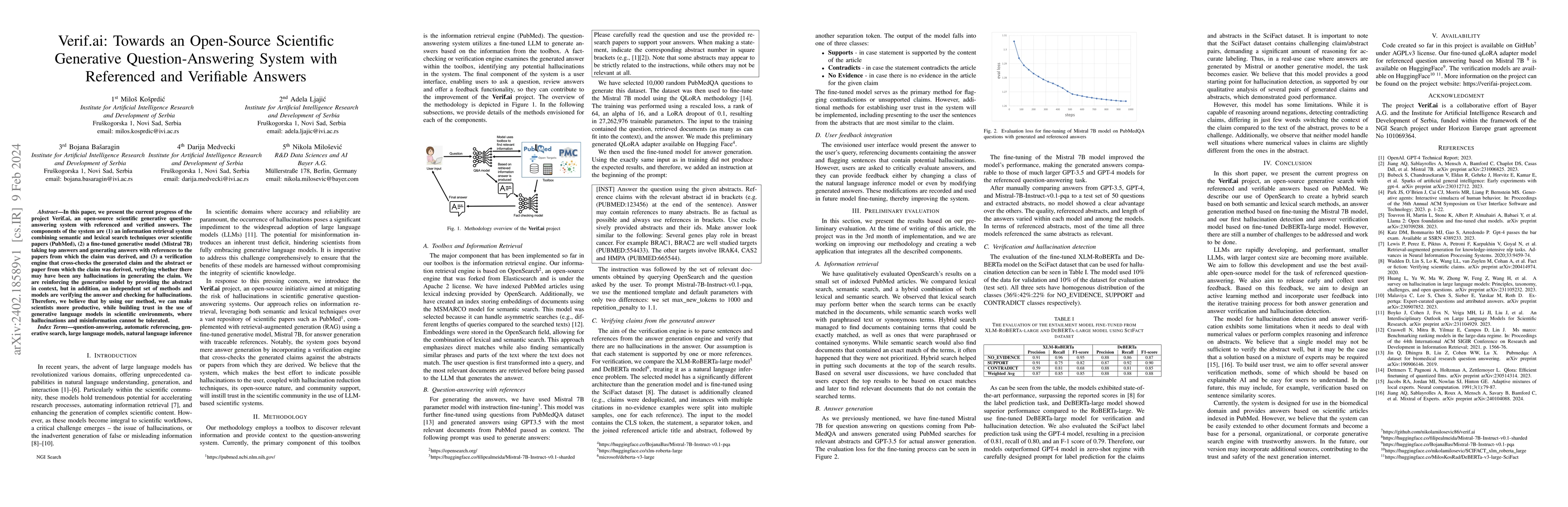 Thumbnail for Verif.ai: Towards an Open-Source Scientific Generative
  Question-Answering System with Referenced and Verifiable Answers