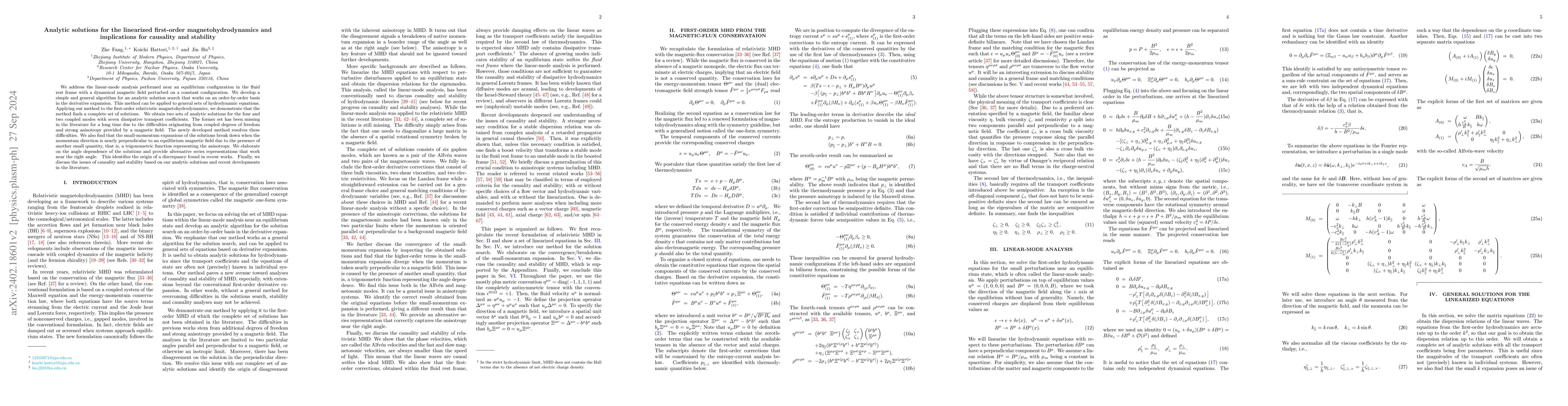 Thumbnail for Analytic solutions for the linearized first-order magnetohydrodynamics
  and implications for causality and stability