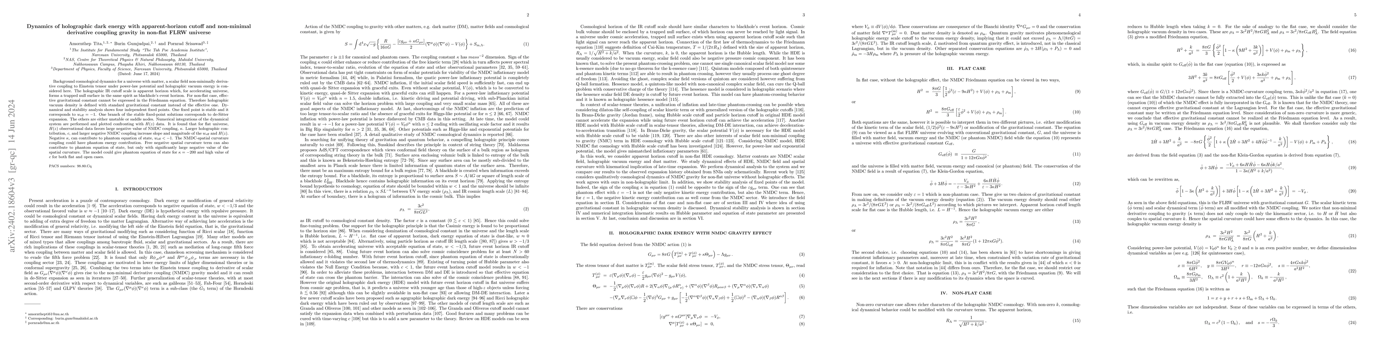 Thumbnail for Dynamics of holographic dark energy with apparent-horizon cutoff and
  non-minimal derivative coupling gravity in non-flat FLRW universe