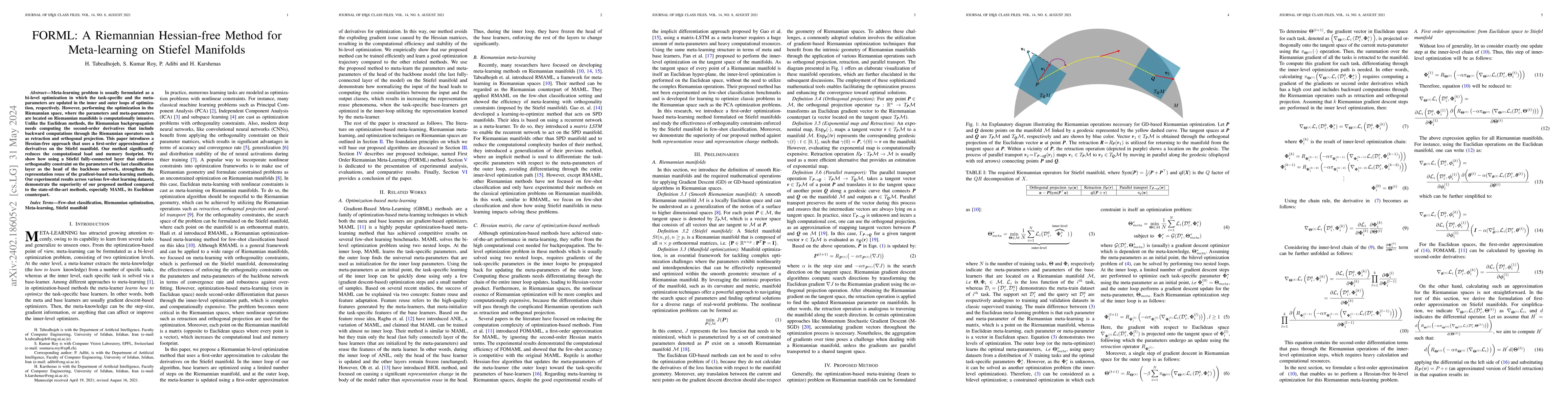 Thumbnail for FORML: A Riemannian Hessian-free Method for Meta-learning on Stiefel
  Manifolds