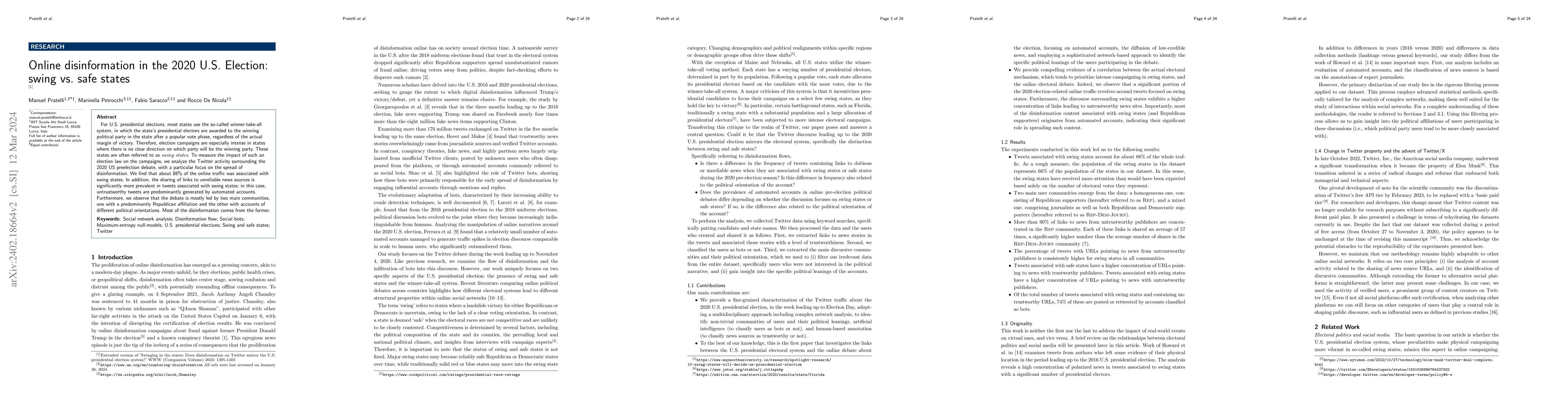 Thumbnail for Online disinformation in the 2020 U.S. Election: swing vs. safe states