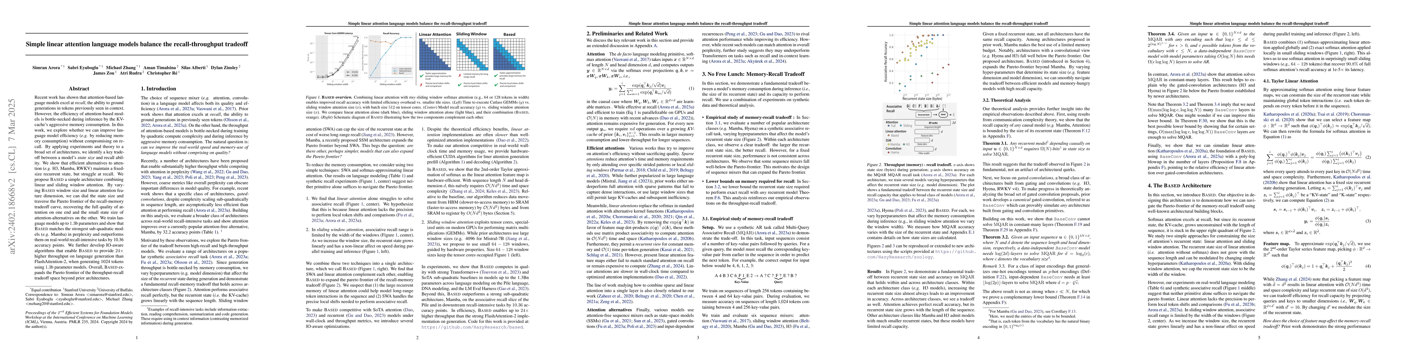 Thumbnail for Simple linear attention language models balance the recall-throughput
  tradeoff