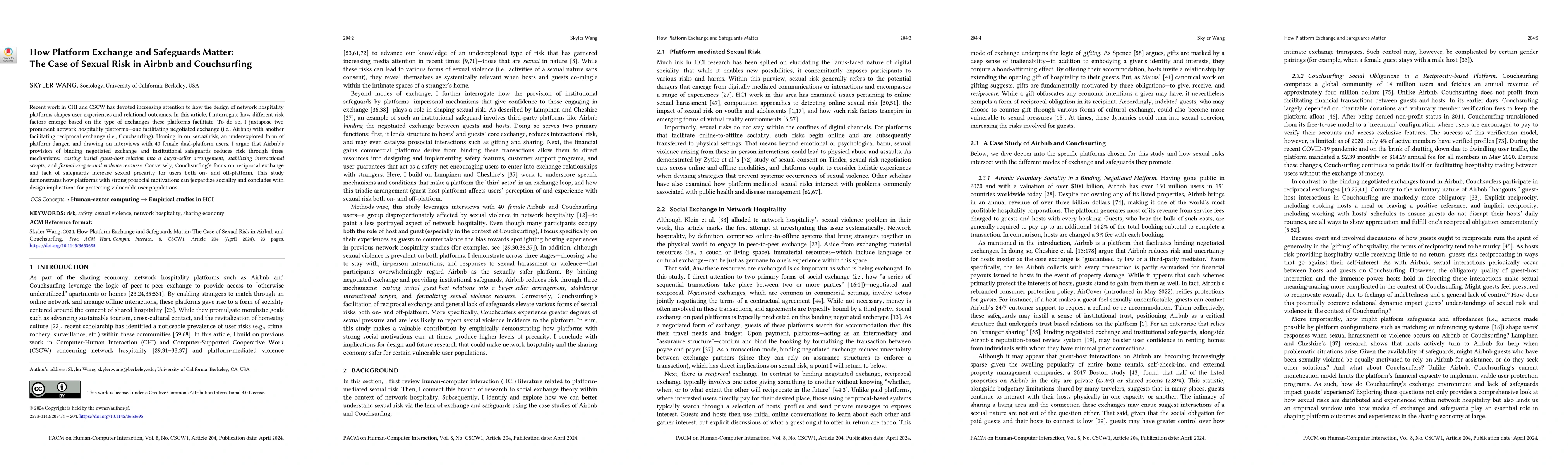 Thumbnail for How Platform Exchange and Safeguards Matter: The Case of Sexual Risk in
  Airbnb and Couchsurfing