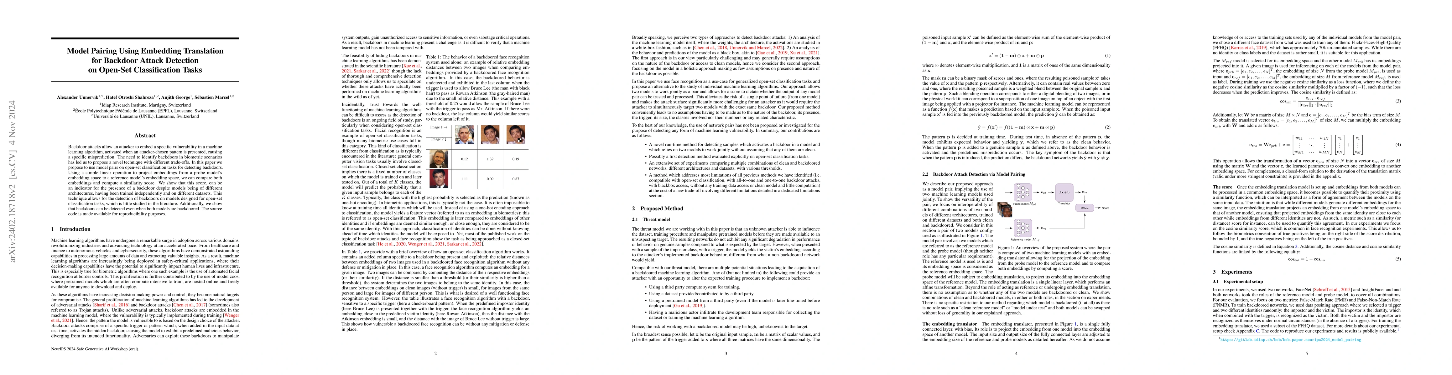 Thumbnail for Model Pairing Using Embedding Translation for Backdoor Attack Detection
  on Open-Set Classification Tasks