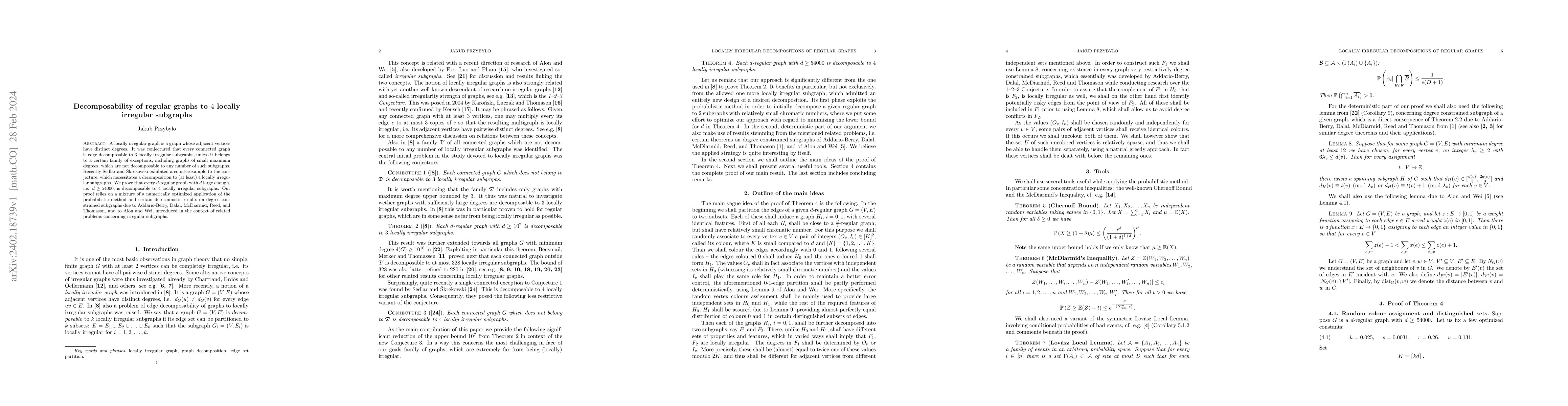 Thumbnail for Decomposability of regular graphs to $4$ locally irregular subgraphs