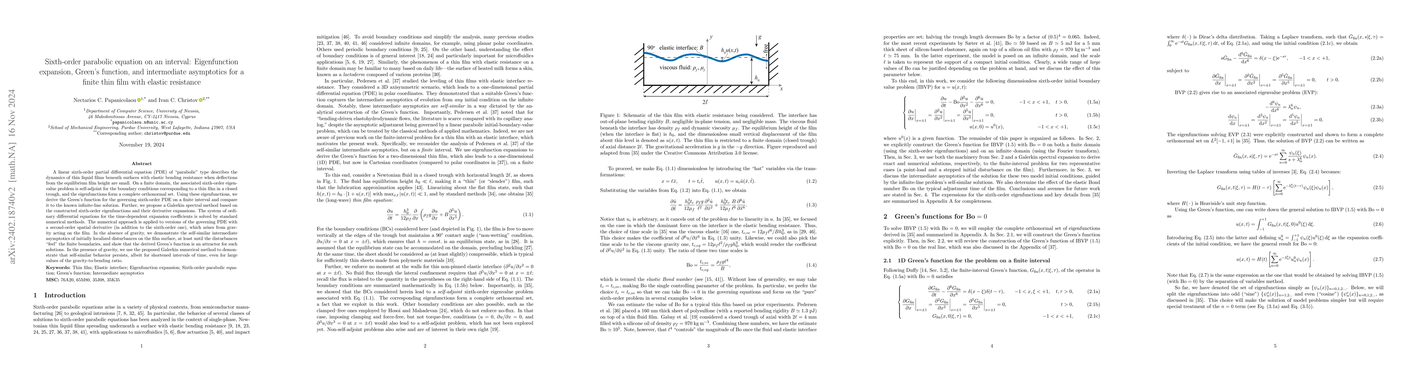 Thumbnail for Sixth-order parabolic equation on an interval: Eigenfunction expansion,
  Green's function, and intermediate asymptotics for a finite thin film with
  elastic resistance