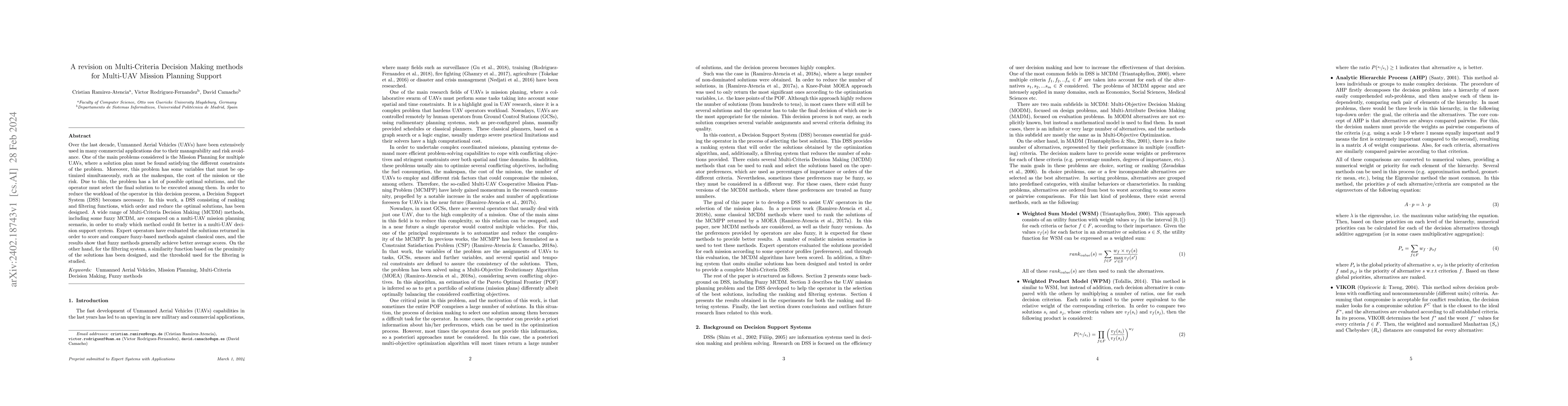 Thumbnail for A revision on Multi-Criteria Decision Making methods for Multi-UAV
  Mission Planning Support