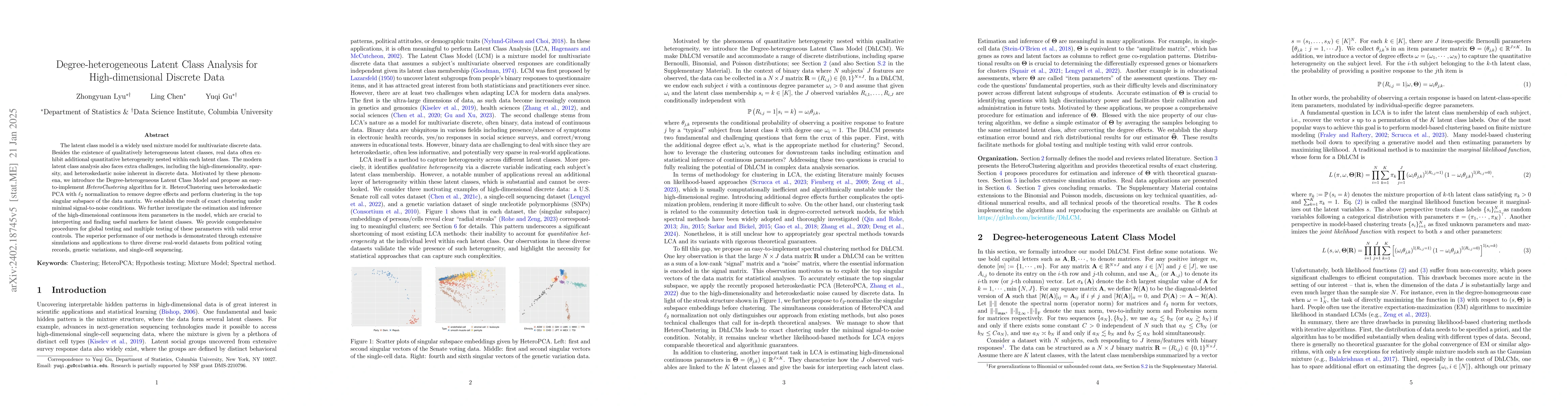 Thumbnail for Degree-heterogeneous Latent Class Analysis for High-dimensional Discrete
  Data