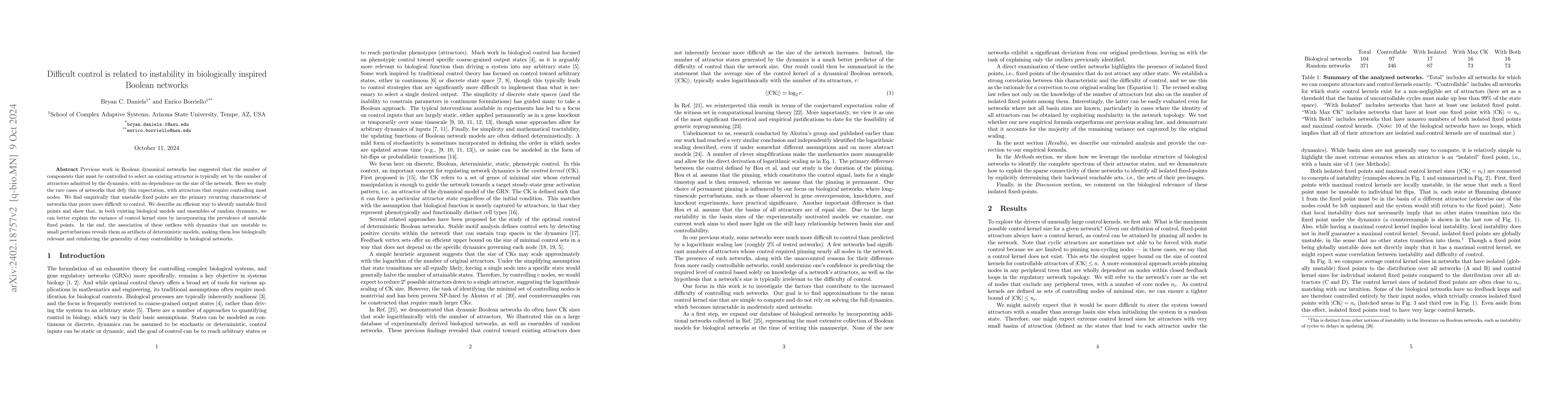 Thumbnail for Difficult control is related to instability in biologically inspired
  Boolean networks