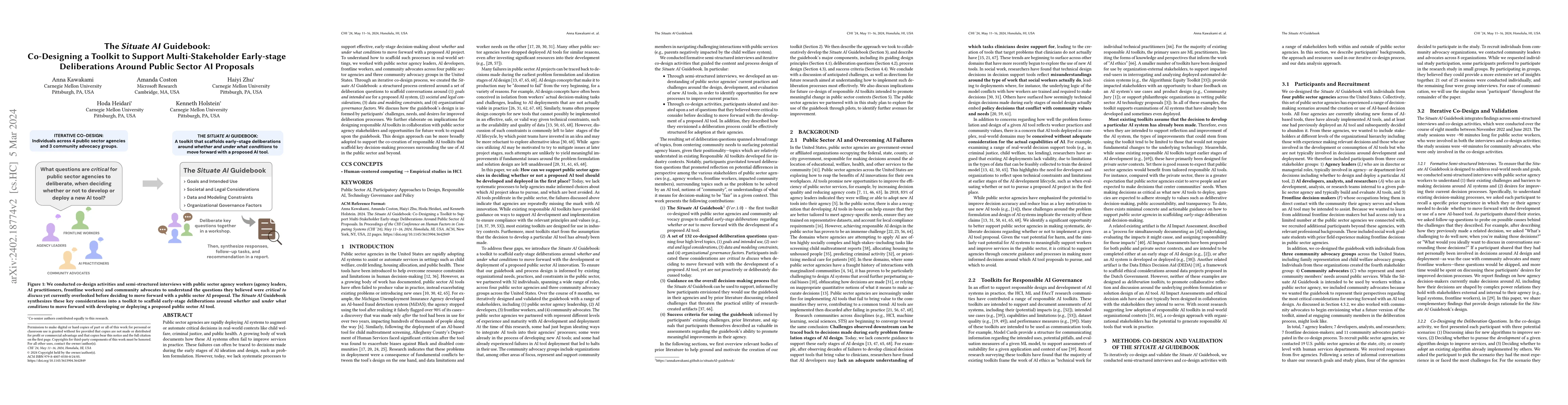 Thumbnail for The Situate AI Guidebook: Co-Designing a Toolkit to Support
  Multi-Stakeholder Early-stage Deliberations Around Public Sector AI Proposals