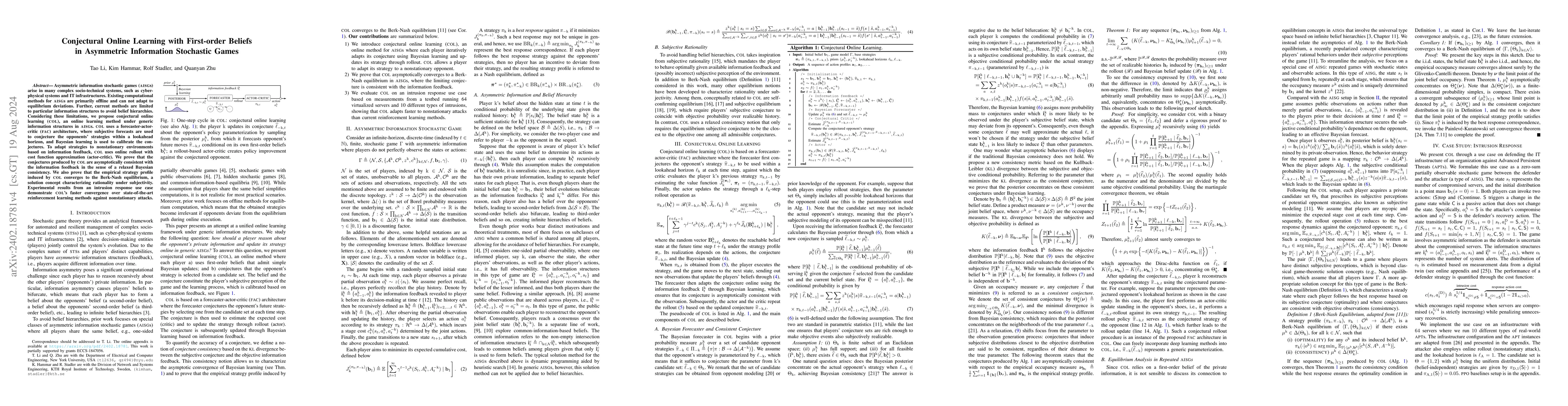 Thumbnail for Conjectural Online Learning with First-order Beliefs in Asymmetric
  Information Stochastic Games