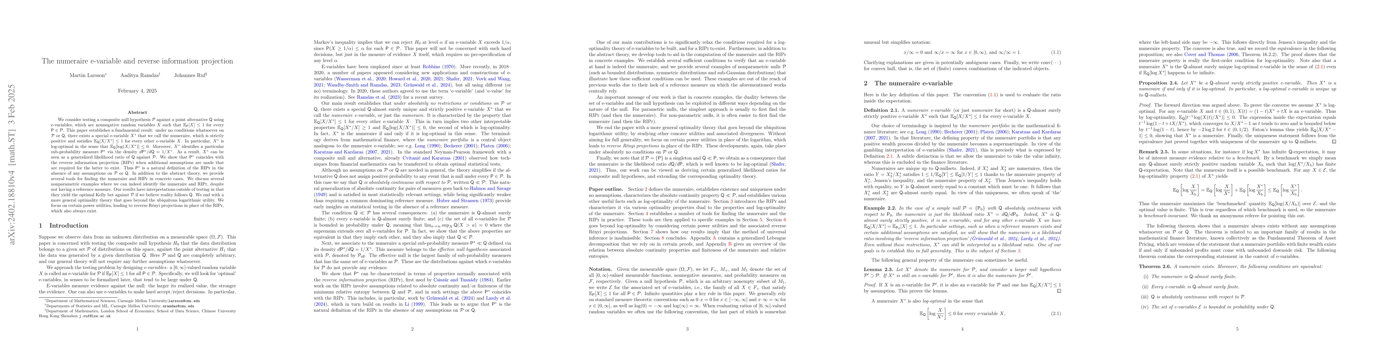 Thumbnail for The numeraire e-variable and reverse information projection