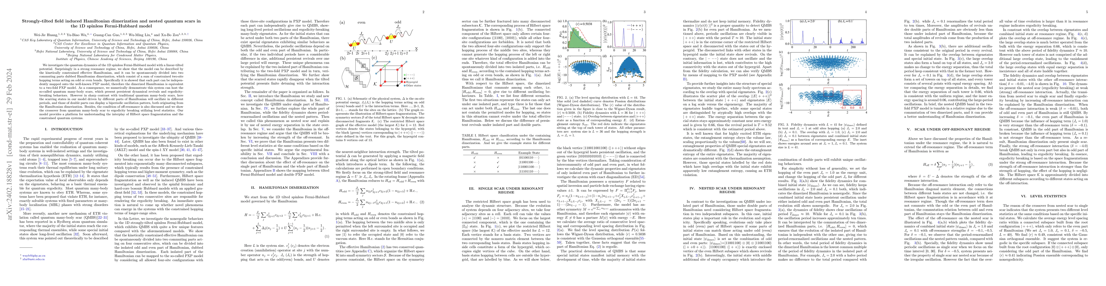 Thumbnail for Strongly-tilted field induced Hamiltonian dimerization and nested
  quantum scars in the 1D spinless Fermi-Hubbard model