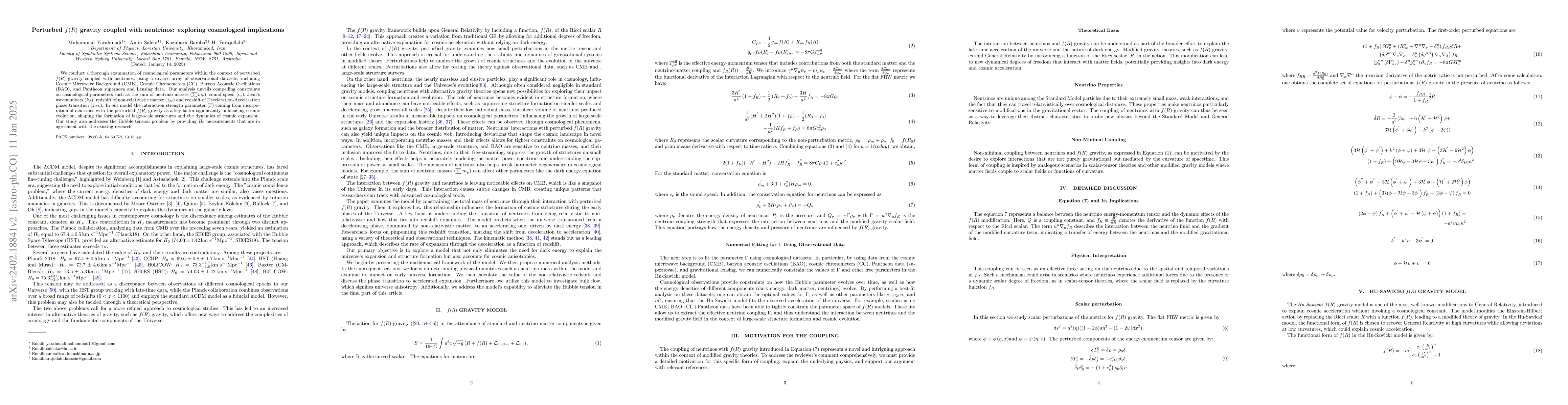 Thumbnail for Perturbed $f(R)$ gravity coupled with neutrinos: exploring cosmological
  implications