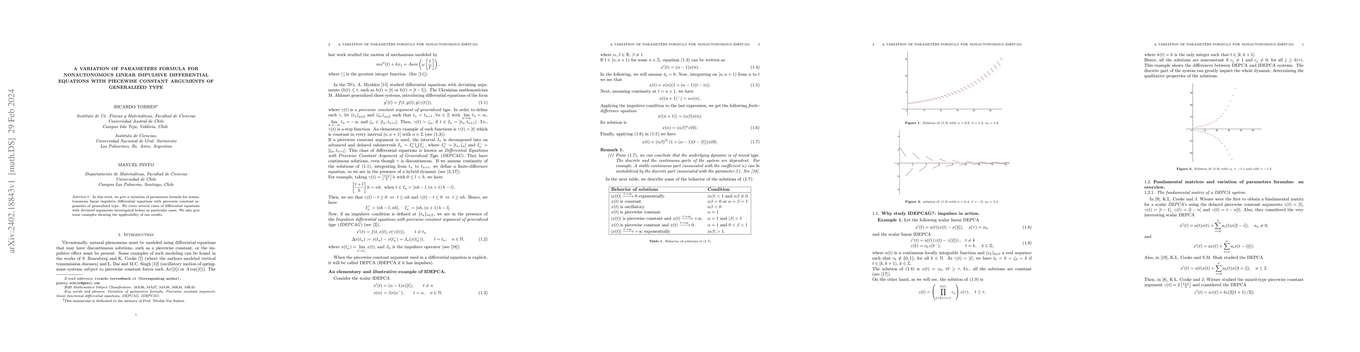 Thumbnail for A variation of parameters formula for nonautonomous linear impulsive
  differential equations with piecewise constant arguments of generalized type