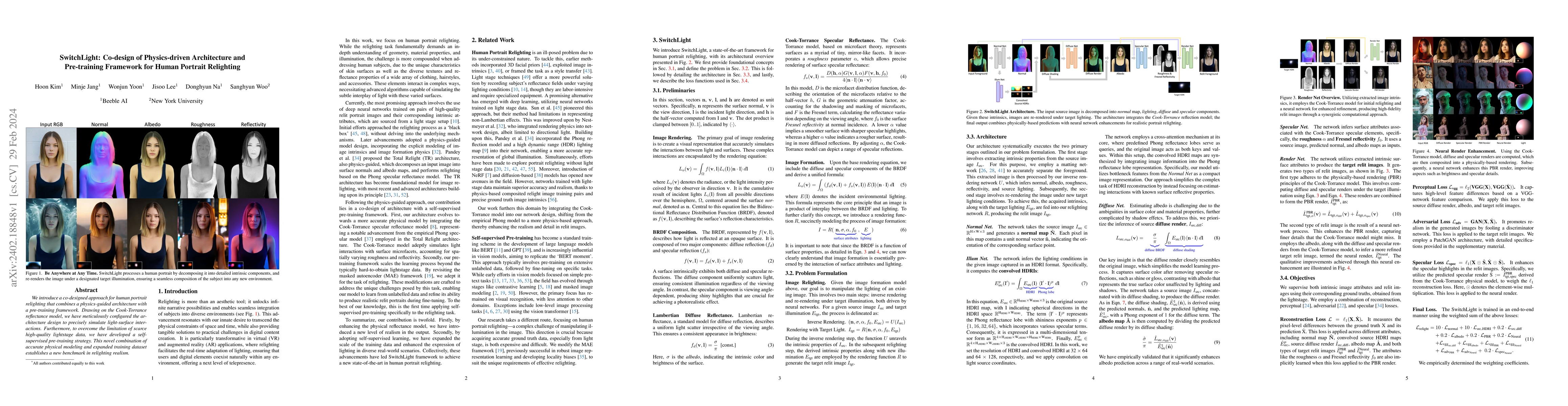 Thumbnail for SwitchLight: Co-design of Physics-driven Architecture and Pre-training
  Framework for Human Portrait Relighting