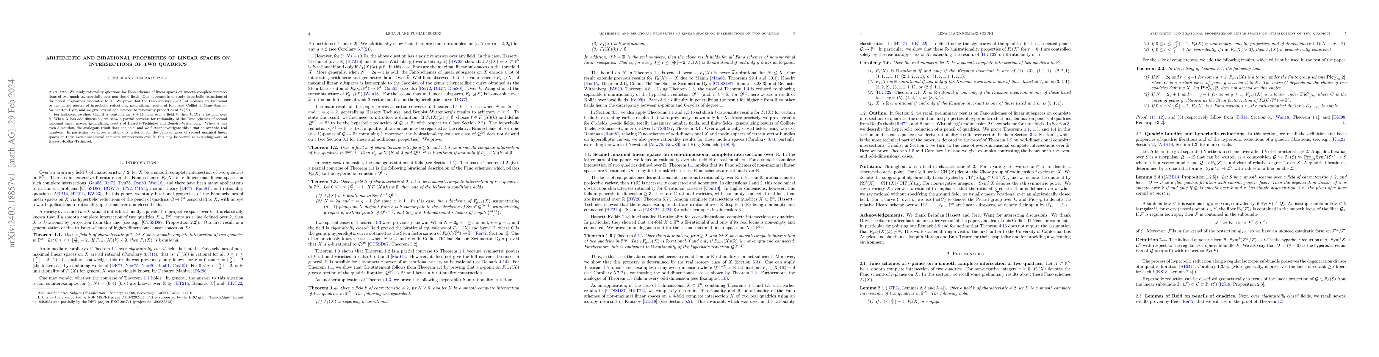 Thumbnail for Arithmetic and birational properties of linear spaces on intersections
  of two quadrics