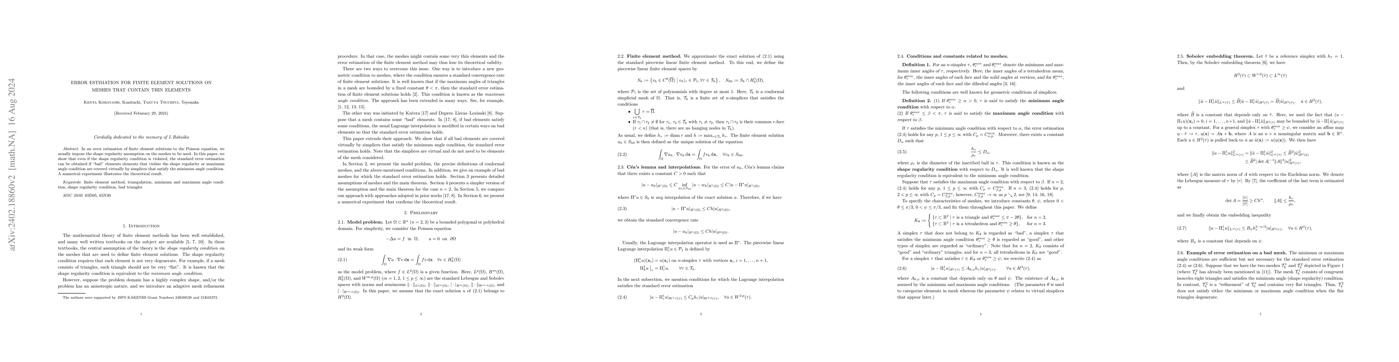 Thumbnail for Error estimation for finite element method on meshes that contain thin
  elements