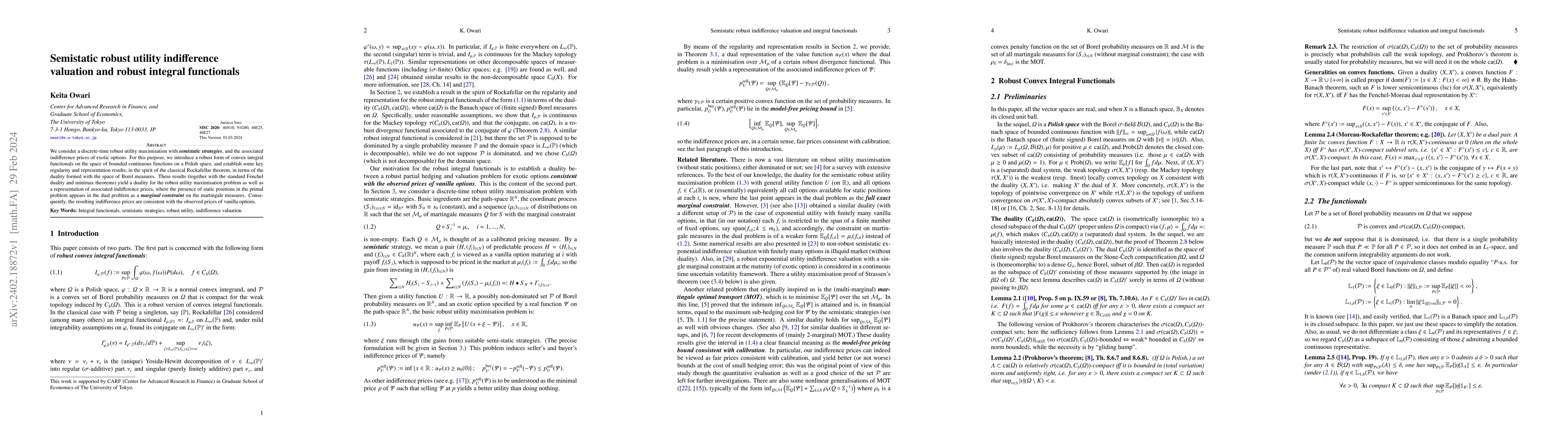 Thumbnail for Semistatic robust utility indifference valuation and robust integral
  functionals