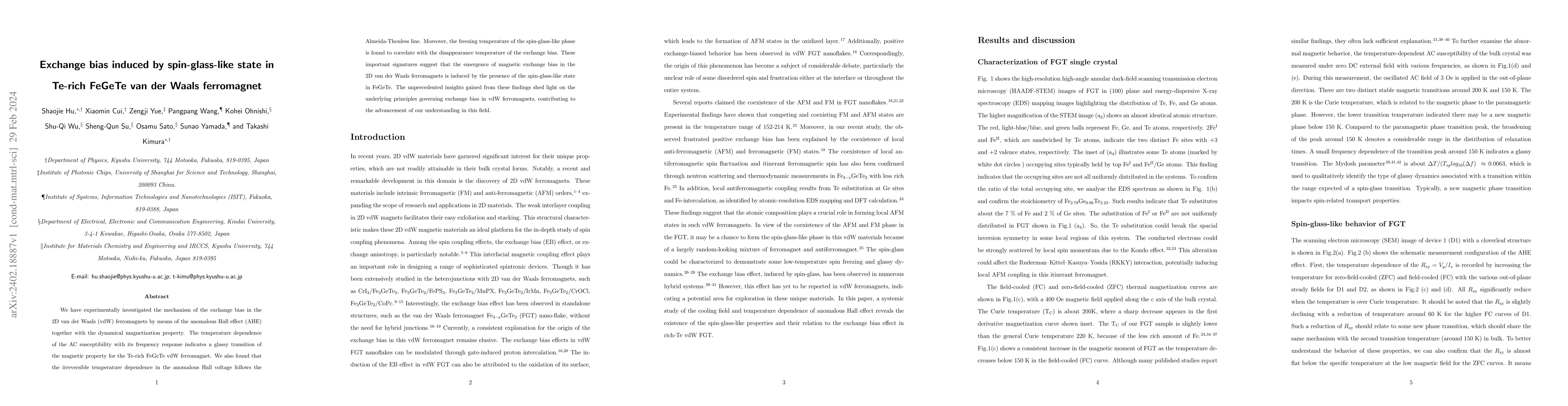 Thumbnail for Exchange bias induced by spin-glass-like state in Te-rich FeGeTe van der
  Waals ferromagnet