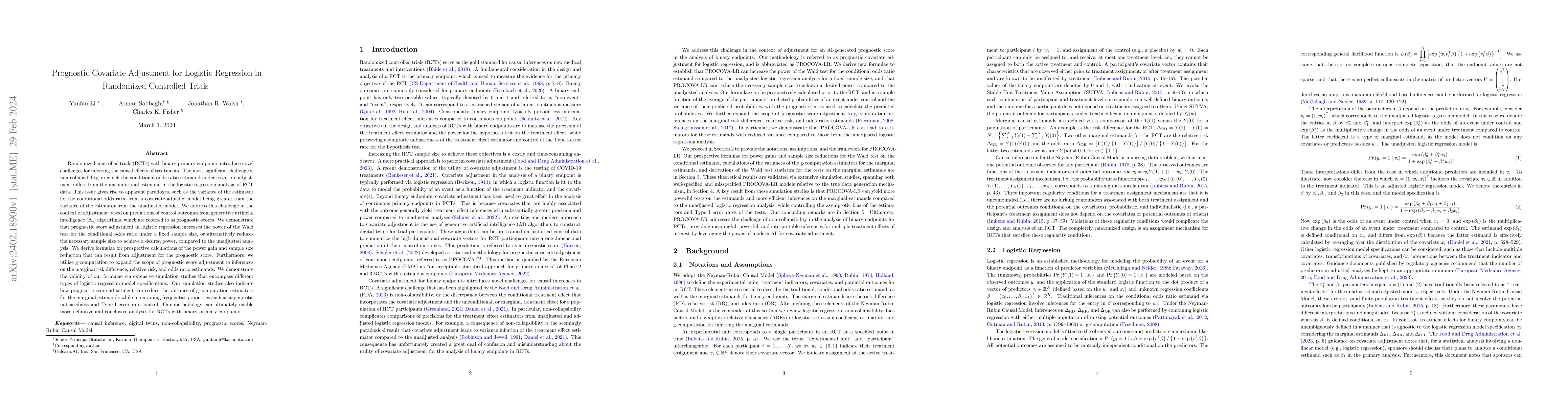 Thumbnail for Prognostic Covariate Adjustment for Logistic Regression in Randomized
  Controlled Trials