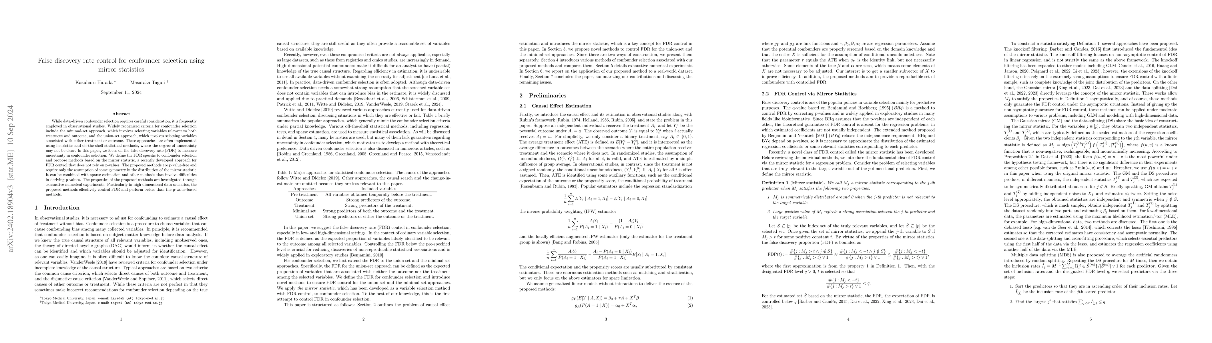 Thumbnail for False Discovery Rate Control for Confounder Selection Using Mirror
  Statistics