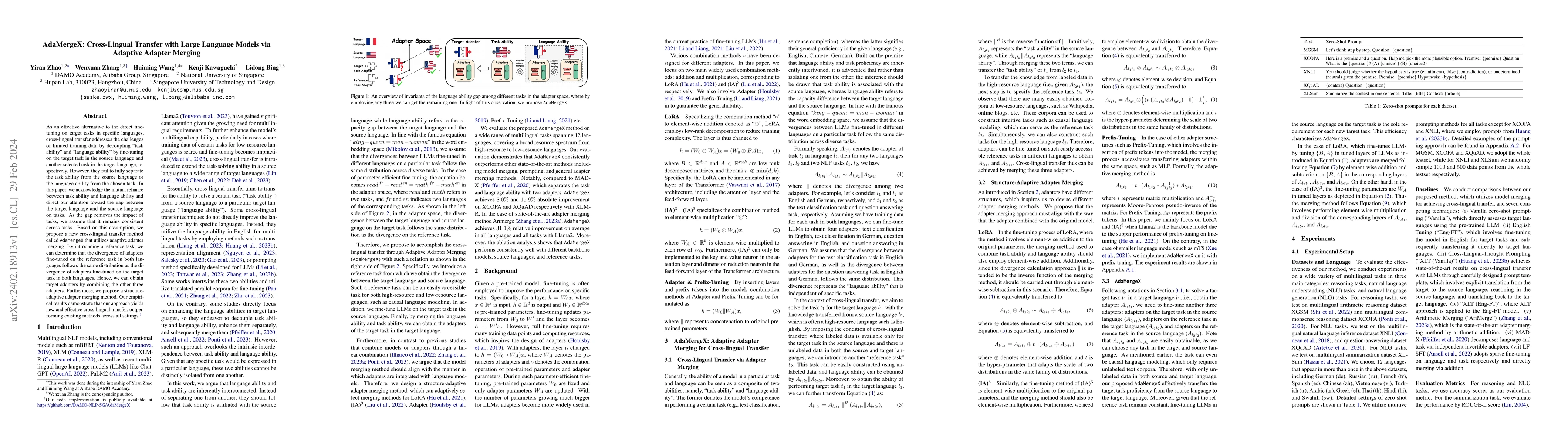 Thumbnail for AdaMergeX: Cross-Lingual Transfer with Large Language Models via
  Adaptive Adapter Merging
