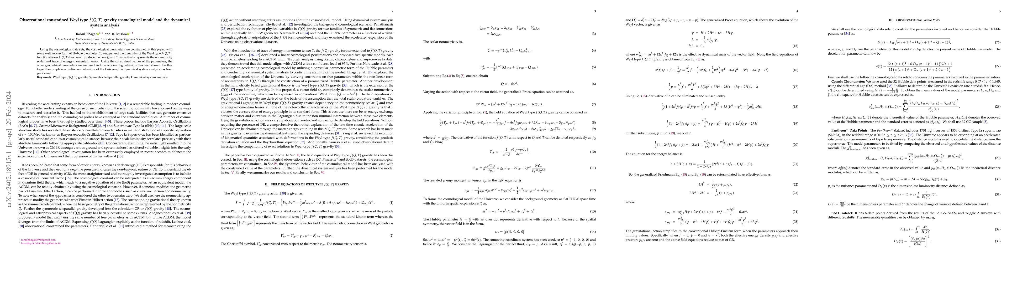 Thumbnail for Observational constrained Weyl type $f(Q,T)$ gravity cosmological model
  and the dynamical system analysis