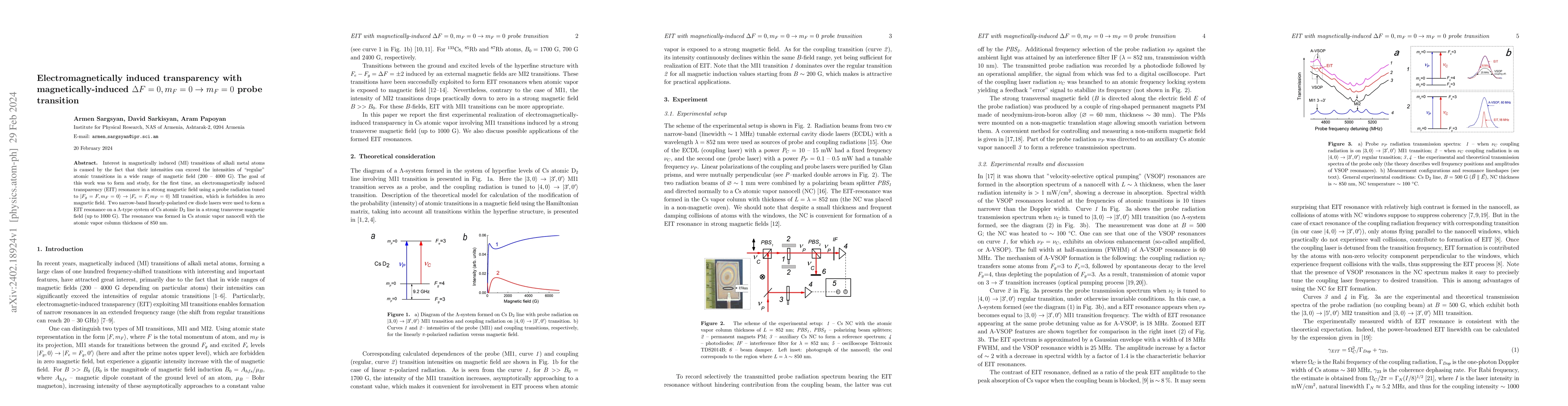 Thumbnail for Electromagnetically induced transparency with magnetically-induced
  $\Delta F=0, m_F=0 \rightarrow m_F=0$ probe transition