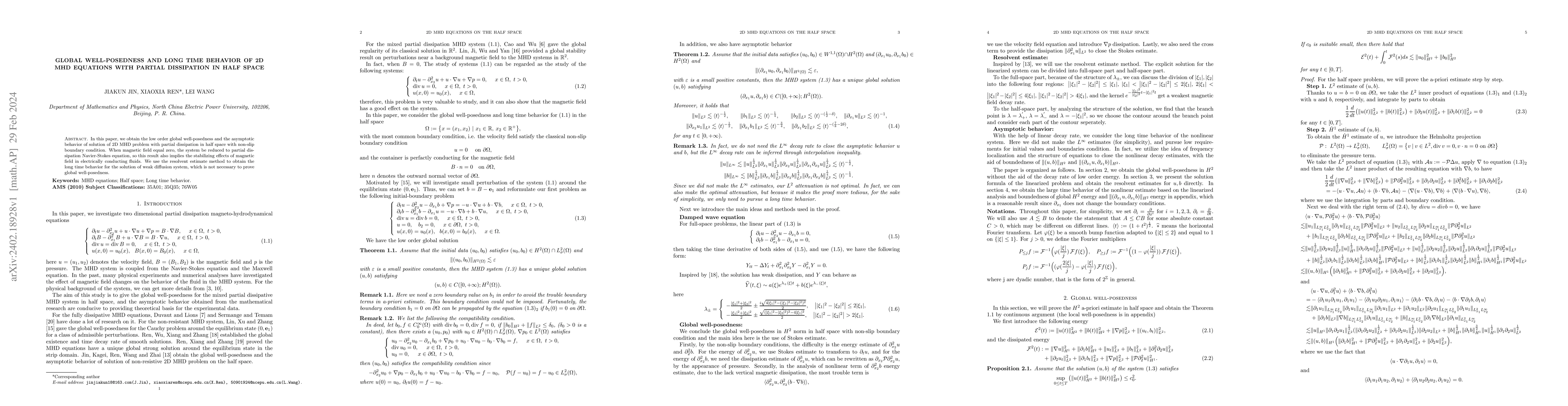 Thumbnail for Global well-posedness and long time behavior of 2D MHD equations with
  partial dissipation in half space